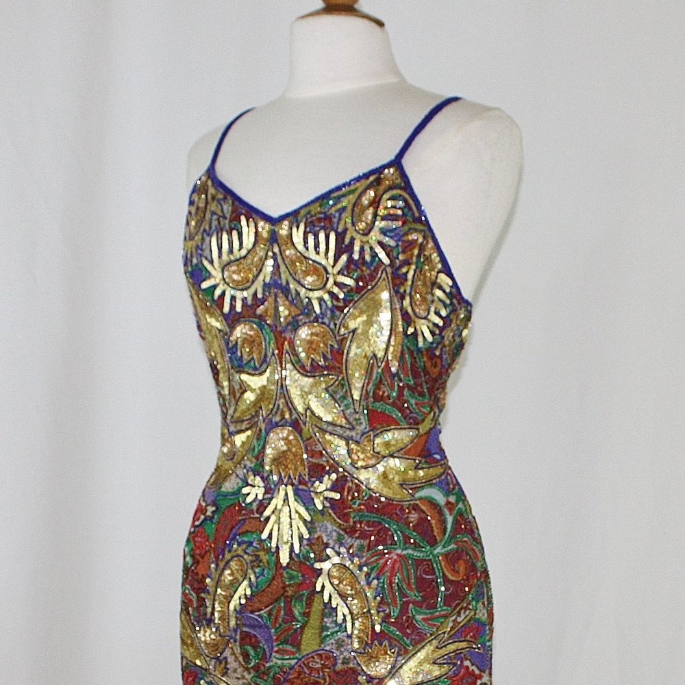 JASDEE Vintage Dress Hand Work Bead & Sequins Hand Print On Silk Style 5039L